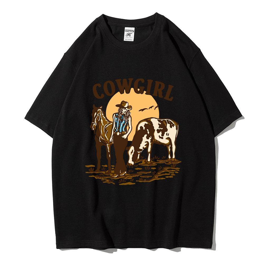 

The Cowgirl And Her Cow And Horse Live In the West Жіночі топи Вулична повсякденна футболка Oversize Streetwear Бавовняна футболка з круглим вирізом L