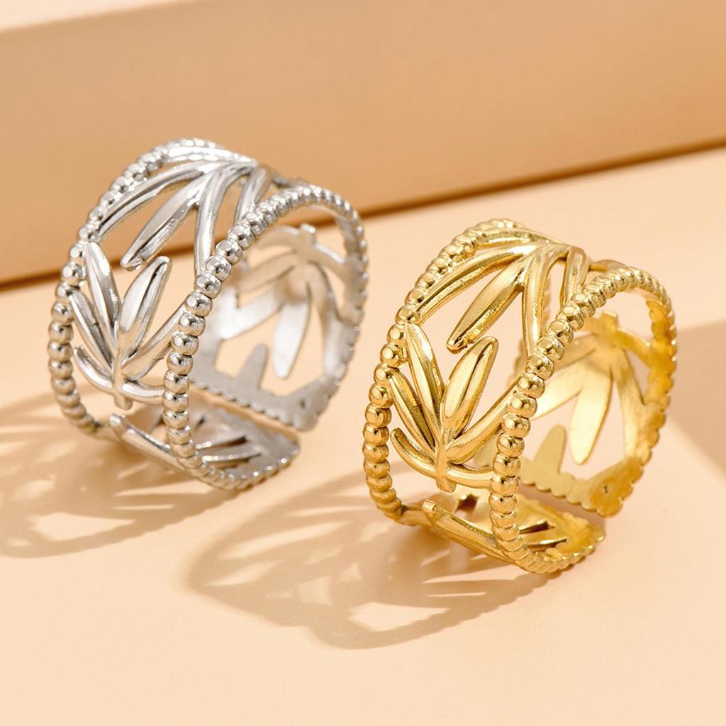 Gold-Plated Stainless Steel Leaf Ring – Adjustable Fairy Style for Women