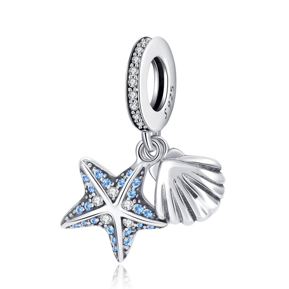 S925 Sterling Silver Starfish, Dolphin, and Turtle Charm Bracelet with Beaded Accessories