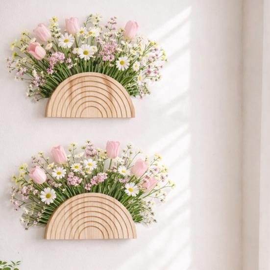 Wooden Wall Vase for Dried Reed Flowers Modern Farmhouse Wall Hanging Planter Half Circle Shaped Boho Wall Decor for Indoor Entryway Hallway Bathroom