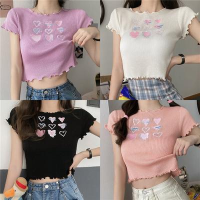 Net Red Love Embroidery Sweet Wooden Ear Edge Slim Knit Top Women's Summer High Waist Short Crop Short-sleeved T-shirt