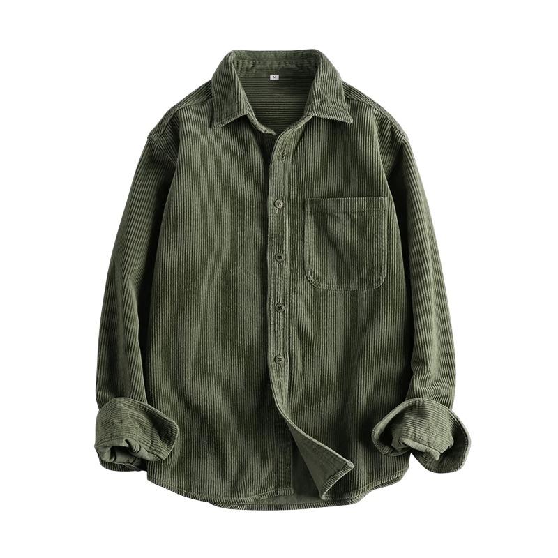 

Men s Corduroy Long Sleeve Shirt Autumn and Winter Retro Casual Kaji Trend Single Pocket Shirt Fashion Versatile XXXL темно-зелений колір