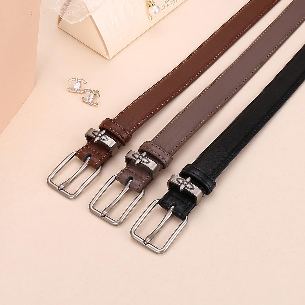 Premium Women'S Belt Leather Cowhide Pin Buckle Small Flower Alloy Belt Business Belt