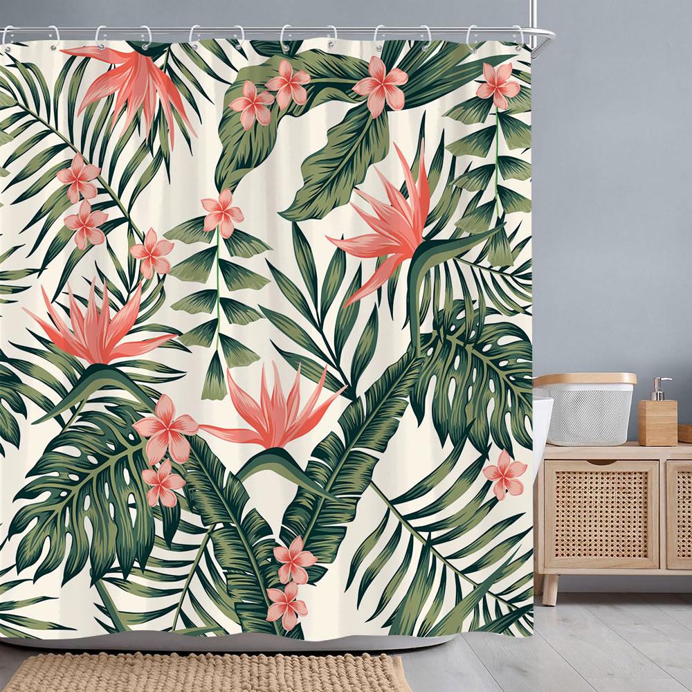 Tropical Botanical Flower Shower Curtain Beige Green Palm Leaf Flower Scandinavian Decor Bathroom Polyester Shower Curtains Set