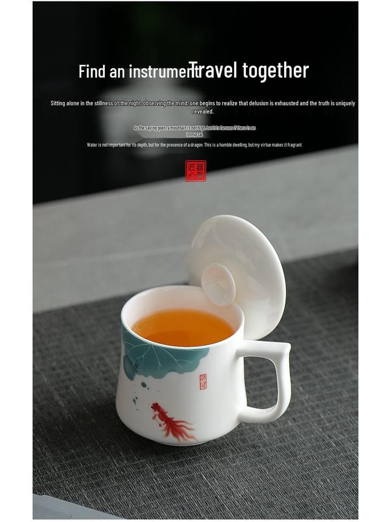 Tazza da tè in ceramica giada grasso di montone di lusso con coperchio - Tazza in porcellana bianca di Dehua per uso personale o in ufficio