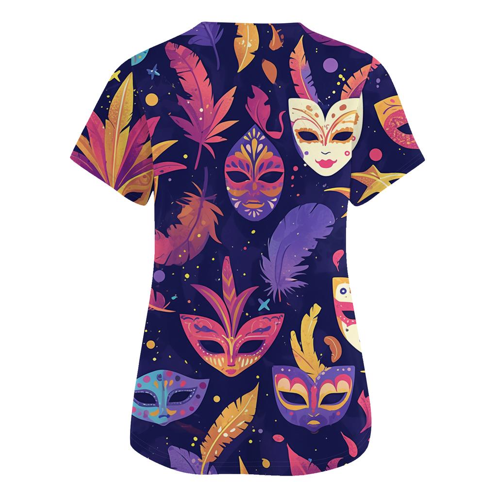 Women's Fashionable V-neck Workwear Printed Short Sleeved Pocket Side Slit Workwear Basic Pullover Top