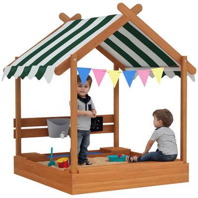 Sandbox with Sun Protection, Playhouse Design, with Toy Set, Treated Solid Wood, 124 X 116 X 146 Cm, Green