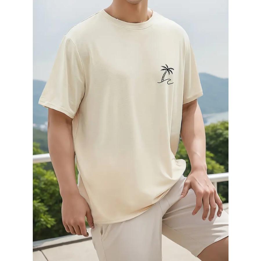 Coconut Tree Sketch Pattern Pure Cotton Crew Neck And Short Sleeve T-shirt, Men's Summer Fashion Tee, Casual And Trendy Tops For Daily Outerwear