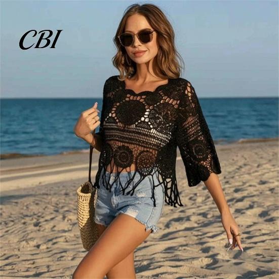 Blusa de Ganchillo Holgada para Mujer, Tops Redondos con Mangas Acampanadas de 3/4, Cubre Ropa Hueca de Manga Tres Cuartos, Tops de Punto con Protección Solar para Verano en la Playa