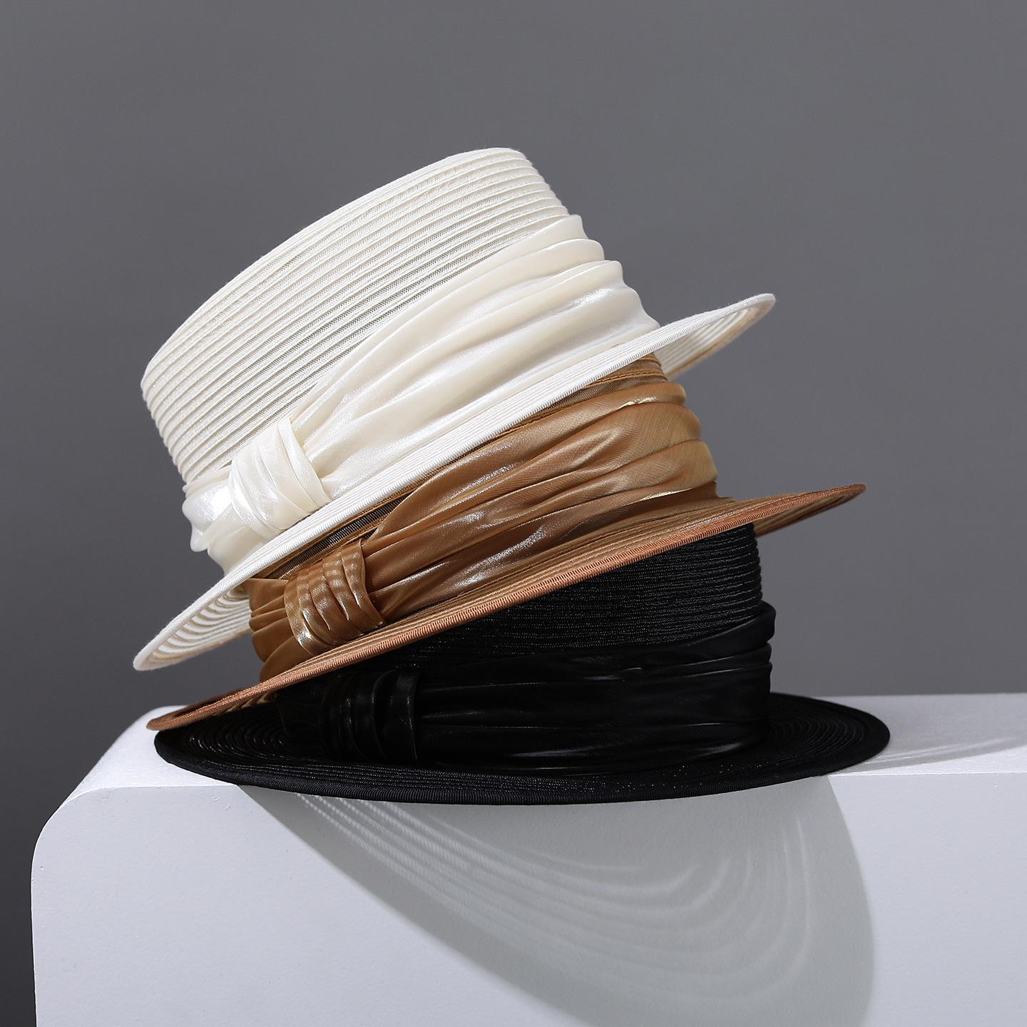 Garden Supplies My Women's Hepburn Style Mesh Ribbon Boater Beach Hat Casual Panama Hat Lady Classic Flat Bowknot Breathable Organza Sun Hat 56-58Cm