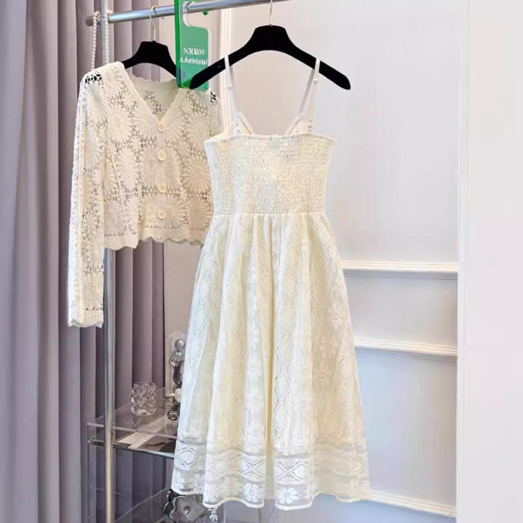 Ethnic style hollow tassel lace suspender long dress mesh suspender dress beach fairy skirt