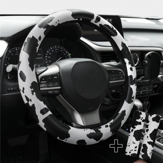 

3X Car Steering Wheel Cover Set Cow Print Leather Anti-slip Car Accessories