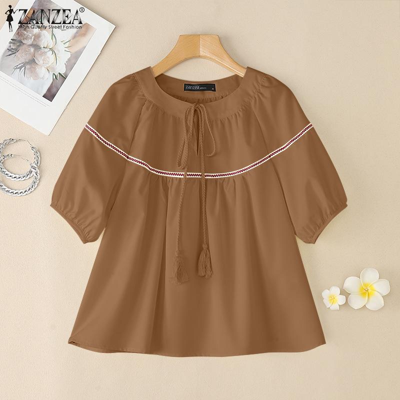 ZANZEA Women Casual Round Neck Loose Summer Half Sleeve Blouse