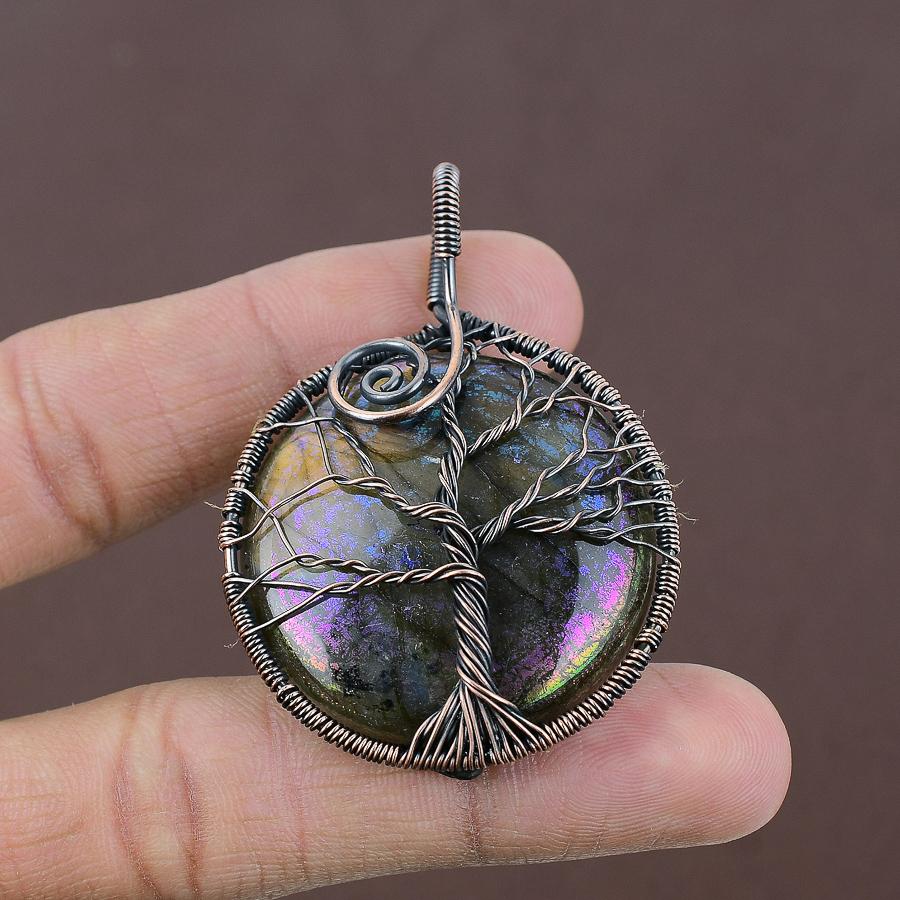 Natural Tree Of Life Labradorite Gemstone Copper Wire Wrap Pendant 2.36 K8y20