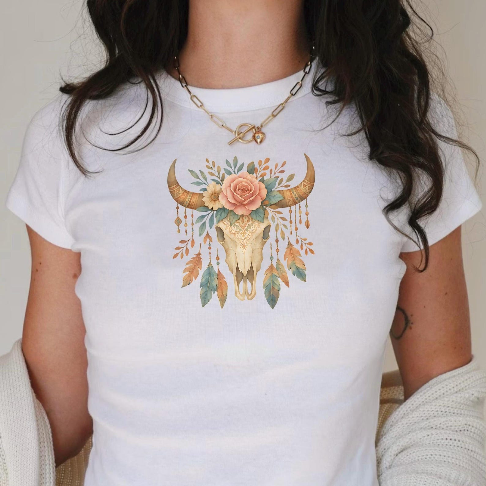 Boho Cow Skull Baby Tee: Y2K Cowgirl Crop Top S