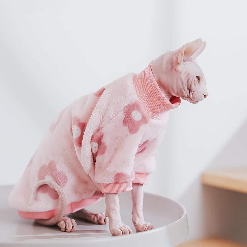 Sphynx Cat Clothes Winter Warm Pet Cat Hoodies Cute Floral Soft Flannel Kitten Cat Pajamas Costumes For Sphinx Devon Rex Cats