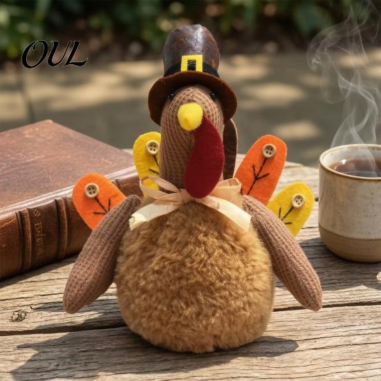 Plush Turkey Toy for Thanksgiving, Harvest Festival Fall Stuffed Decorative with Pilgrim Hat, Plushie Table Centerpiece Decoration Decor