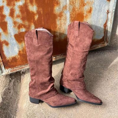 In Stock: Women's Retro High-Top Pointed Toe Knee-High Suede Slouch Boots with Chunky Heel