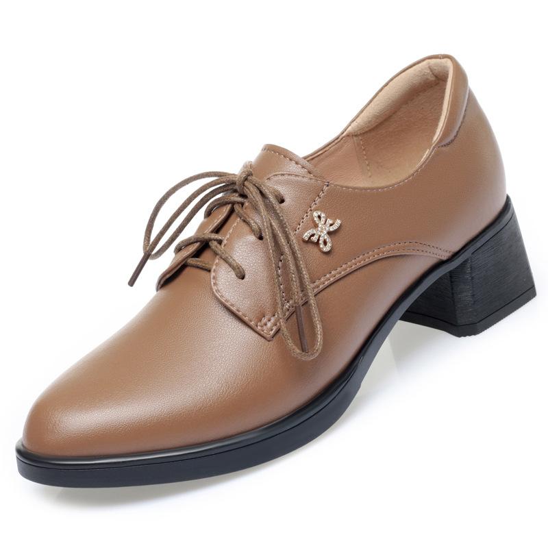 Women's Black Leather Mid-heel Lace-up Work Shoes with A Chunky Heel and Soft Leather Comfortable Single Shoes