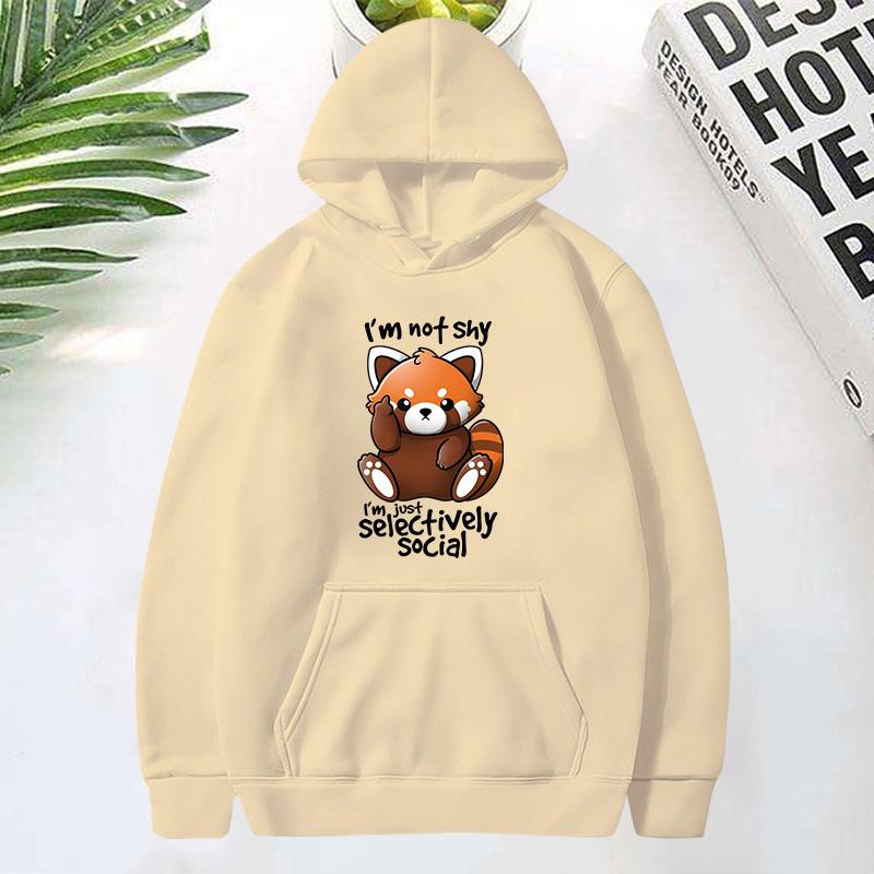 (Premium Hoodies)Panda I'M Not Shy I'M Just Selectively Social Printed Hoodies Women Fleece Long Sleeves Funny Pullover