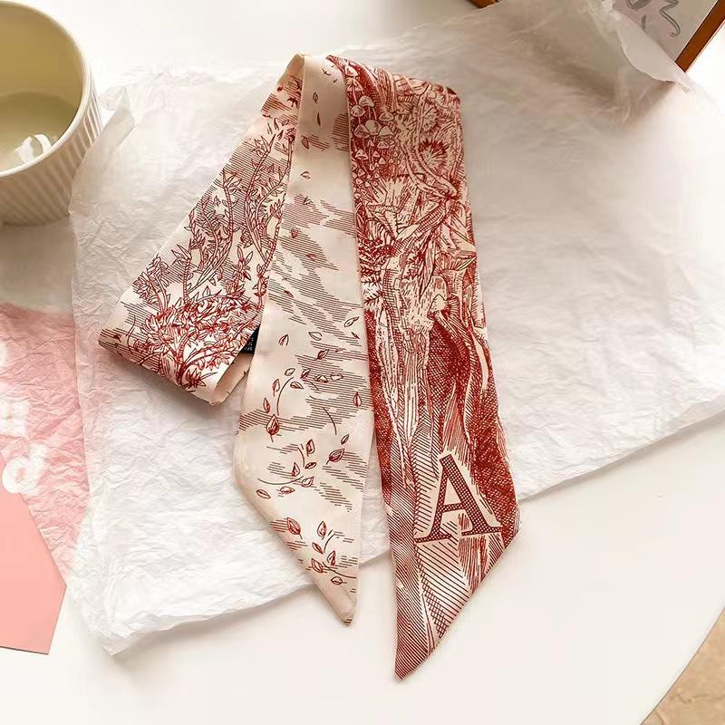 Small White And Tender Green Silk Scarf For Women, Thin Streamer, Headband, Hair Tie, Bag Decoration Long