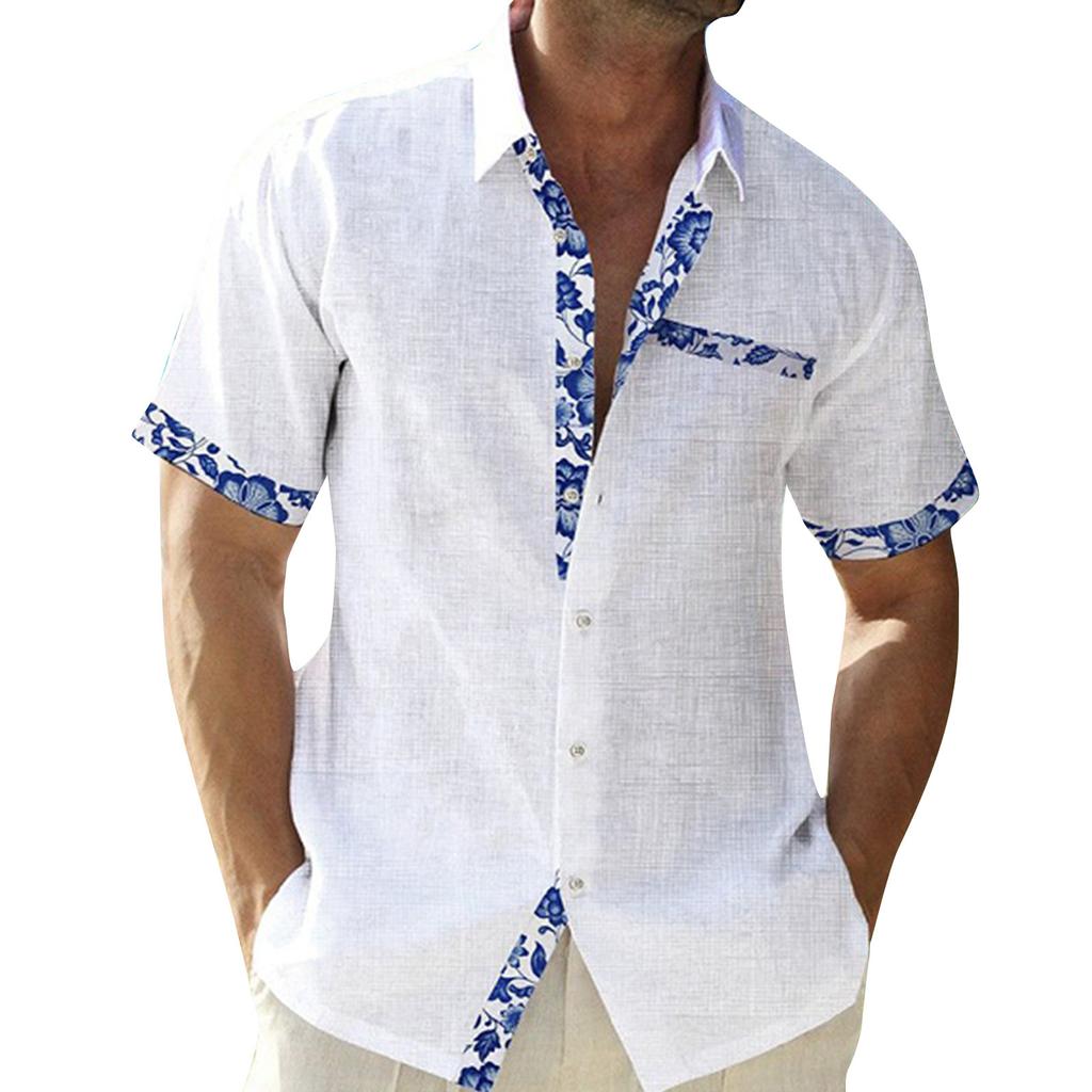 Men's Printed Stitching Design Short Sleeve Button Shirt Men's Casual Fashion Shirt