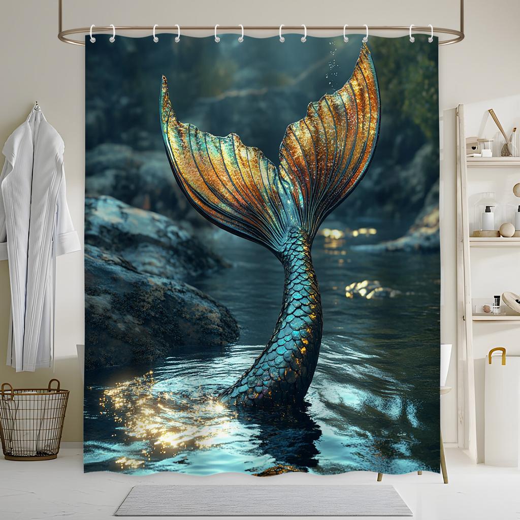 Enchanting Mermaid Tail Shower Curtain - Iridescent Scales, Magical Water Effects, Mystical Polyester,Serene Rocky Stream Design