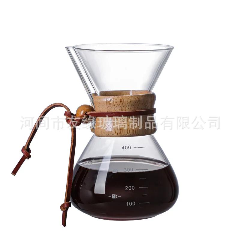 Coffee Pot Wooden Handle Hand Brew Coffee Glass Drip Sharing Pot with Stainless Steel Filter Coffee Ware