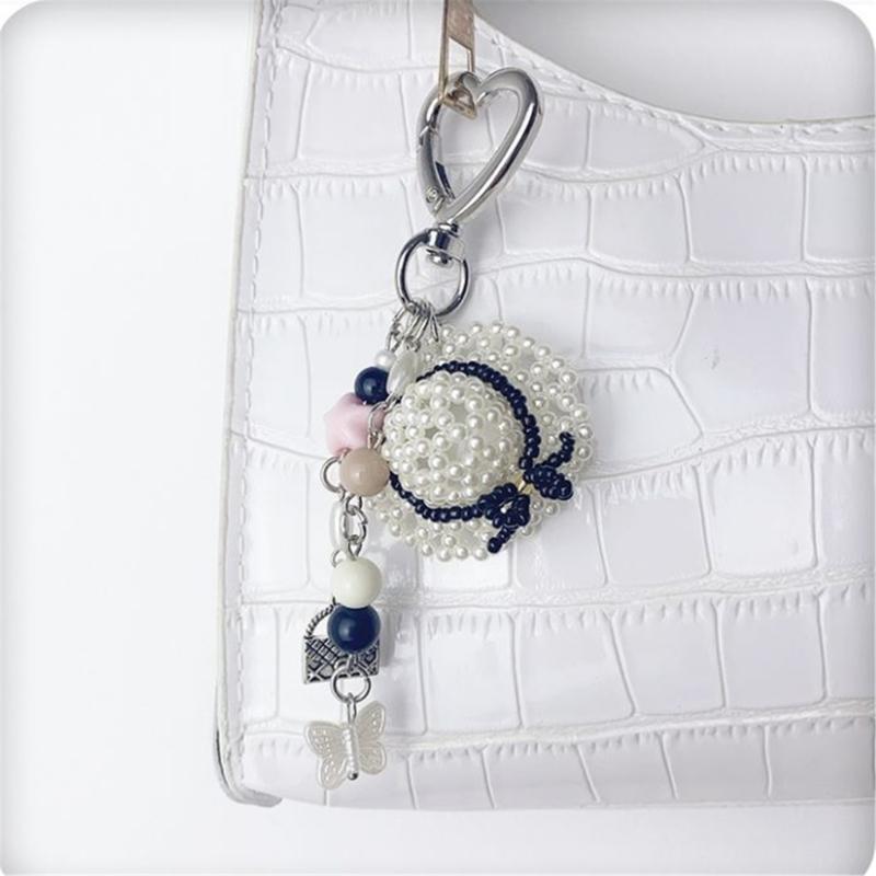 Fashionable Pearls Hat Keychain Lovely Beaded Charm for Women Aesthetic Bag and Purse Accessories Daily Casual Use
