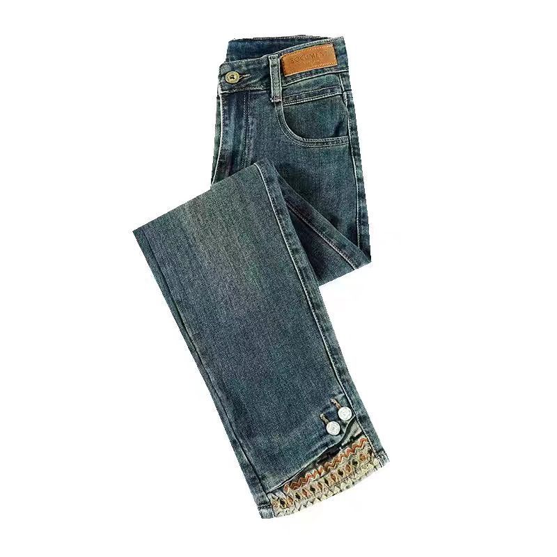 Vintage Slim Zigarettenjeans Damen Hohe Taille Stretch Chinesische Stickerei Gerades Bein Hose Herbst