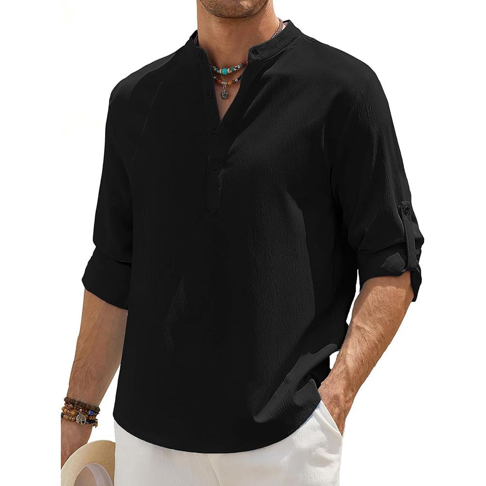 Men's Cotton Linen Long Sleeve Polo Shirt Henley Neck Lightweight Breathable Casual Button Tops Beach Style Simple Male Clothing