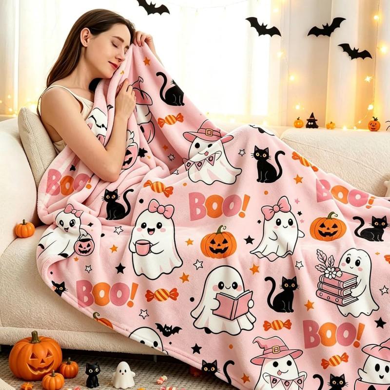 Halloween Pumpkin Ghost Flannel Blanket Sofa Nap All Season