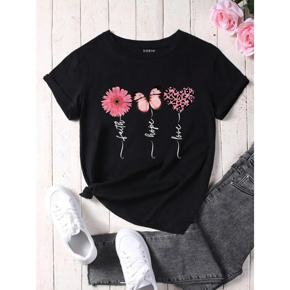 “faith Hope Love” Floral and Butterfly Graphic Y2k Printed Women Tops Tshirt Summer Short Sleeve O-Neck Casual Clothing S
