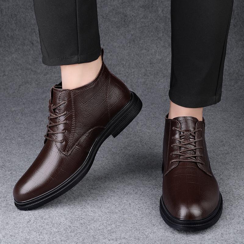 High Quality Lace-Up Male Ankle Boots Fashion Warm Plush Fur Winter Footwear Comfy Snow Shoes Genuine Leather Mens Chelsea Boots