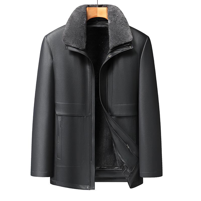 Men's Plus Size Fur Collar Leather Jacket - Warm Winter Outerwear for Middle-Aged Dads