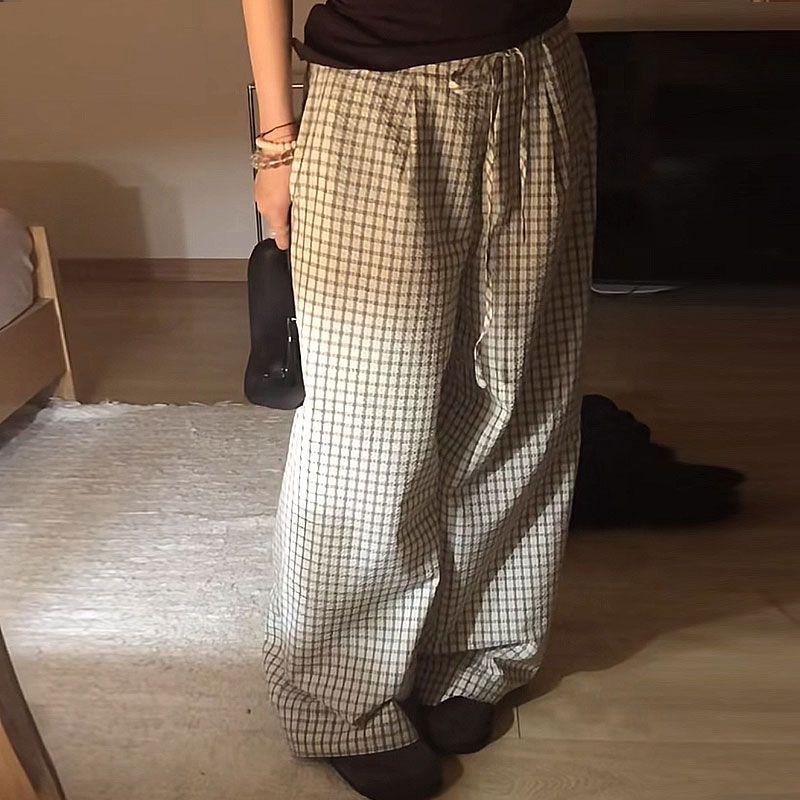 Summer Retro American Relaxed Fit Drawstring Low-Rise Wide-Leg Plaid Casual Pants - Textured Grid Trendy Trousers