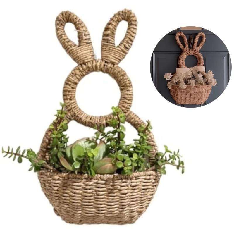 Easter Bunny Wall Hanging Woven Basket, Handmade Bunny Woven Plant Hanging Basket, Outdoor Bunny Wall Decorative Flower Basket
