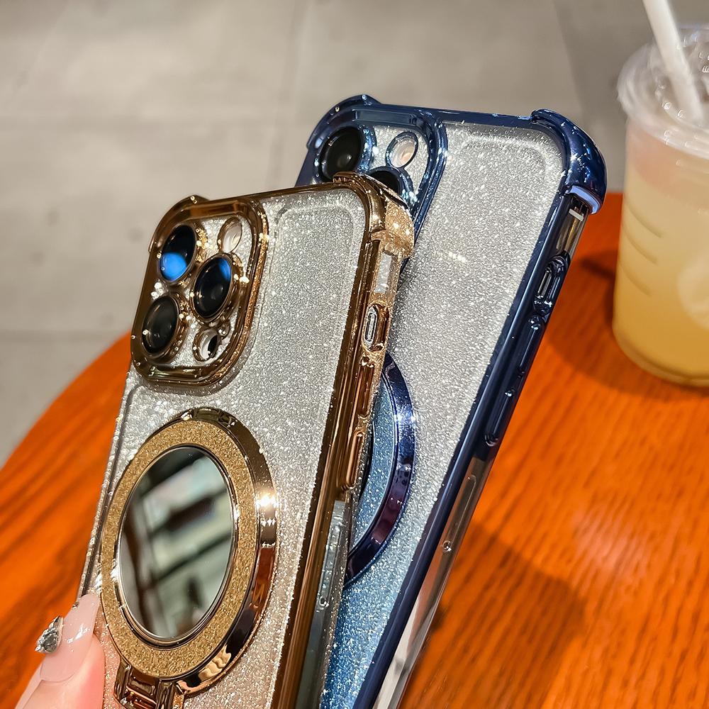 Plating Flash Mirror Holder Stand Soft Silicone Four Corners Air Cushion Shockproof Protection Case for Samsung Xiaomi Poco Redmi