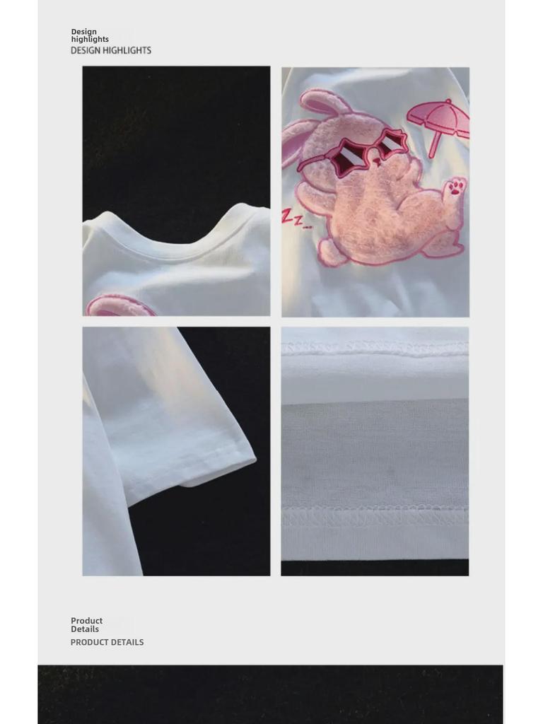 Women's Retro Cute Rabbit Flocked Short Sleeve T-Shirt - Pure Cotton Summer Couple Top