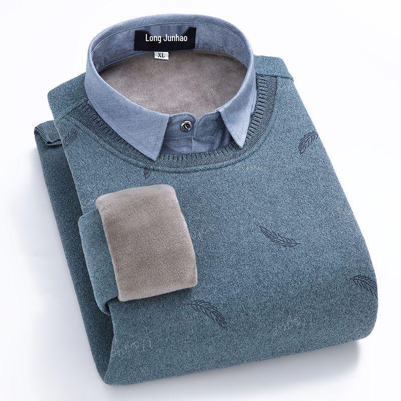 Men's Loose Knit Sweater with Faux Two-Piece Shirt Collar, Fleece-Lined, Thick Warm Winter Stand-Up Collar Top