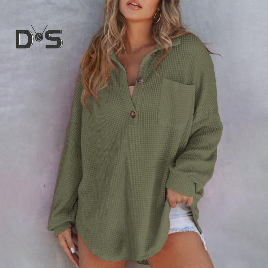 Women Tops Lapel Buttons Half Placket Long Sleeve Pullover Tops Solid Color Waffle Texture Stretchy Blouse Daily Wear