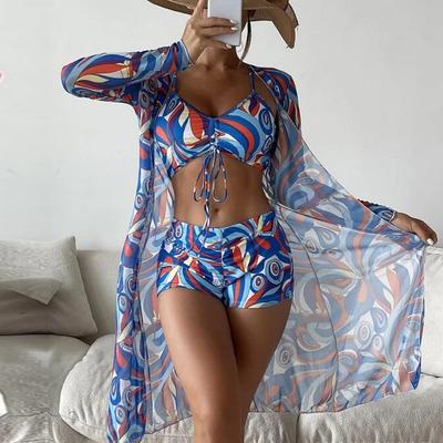 Mayo kadın Bölünmüş Üç Parçalı Set Yüksek Bel Uzun Kollu Ins Overshirt İpli Baskılı Bikini Takımları