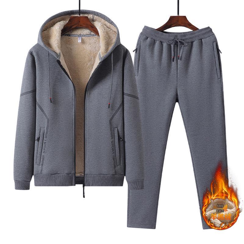 Lambswool Sports Suit: Plus Size Men's Fleece-Lined Hoodie & Cardigan Two-Piece Set for Autumn/Winter.