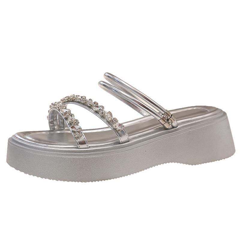 Thick-bottomed Cool Slippers for Women To Wear Summer New Rhinestone Muffin Versatile Small One-word Beach Slippers for Women