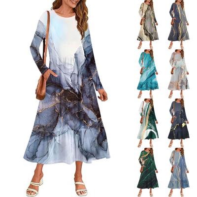 Women's  Printed Casual Dress Spring Autumn Pocket Round Neck Long Sleeve Dresses