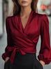 2025 Autumn/Winter V-Neck Satin Tie-Waist Blouse for Women