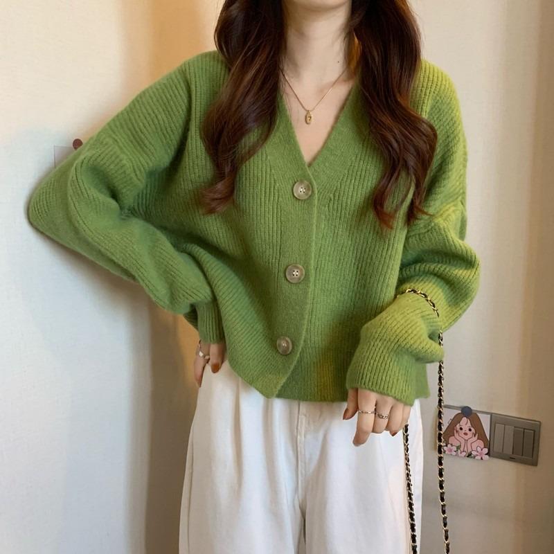 New small fresh knitted cardigan avocado green women's design sense fashion v-neck versatile sweater jacket women