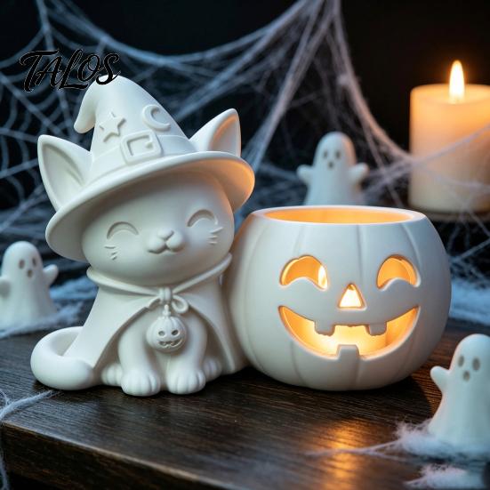 Ghost Face Tealight Cup Halloween Black Cat Pumpkin Candlestick, 3D Printed Witch Candle Holder with Cup, Spooky Tabletop Decor for Party Creative