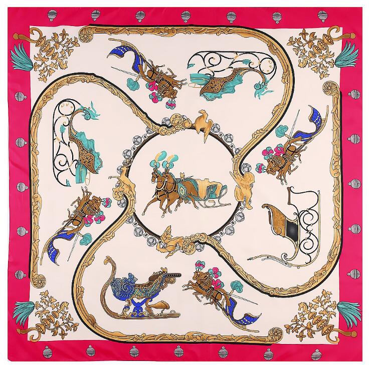 New Silk Scarf Women Large Shawls Horse Carriage Stoles Square Bandana Luxury Kerchief Hijab Scarf Female Foulards 130CM