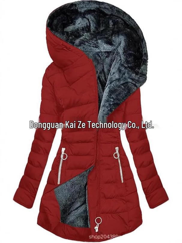 Mid-Length Slimming Hooded Jacket - Women's Thickened Cotton with Velvet Lining